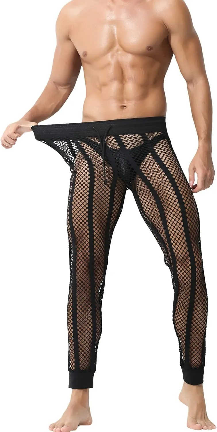 QiaTi Men's Fishnet Pants Mesh See Through Muscle Leggings Stretchy Drawstring Long Pants