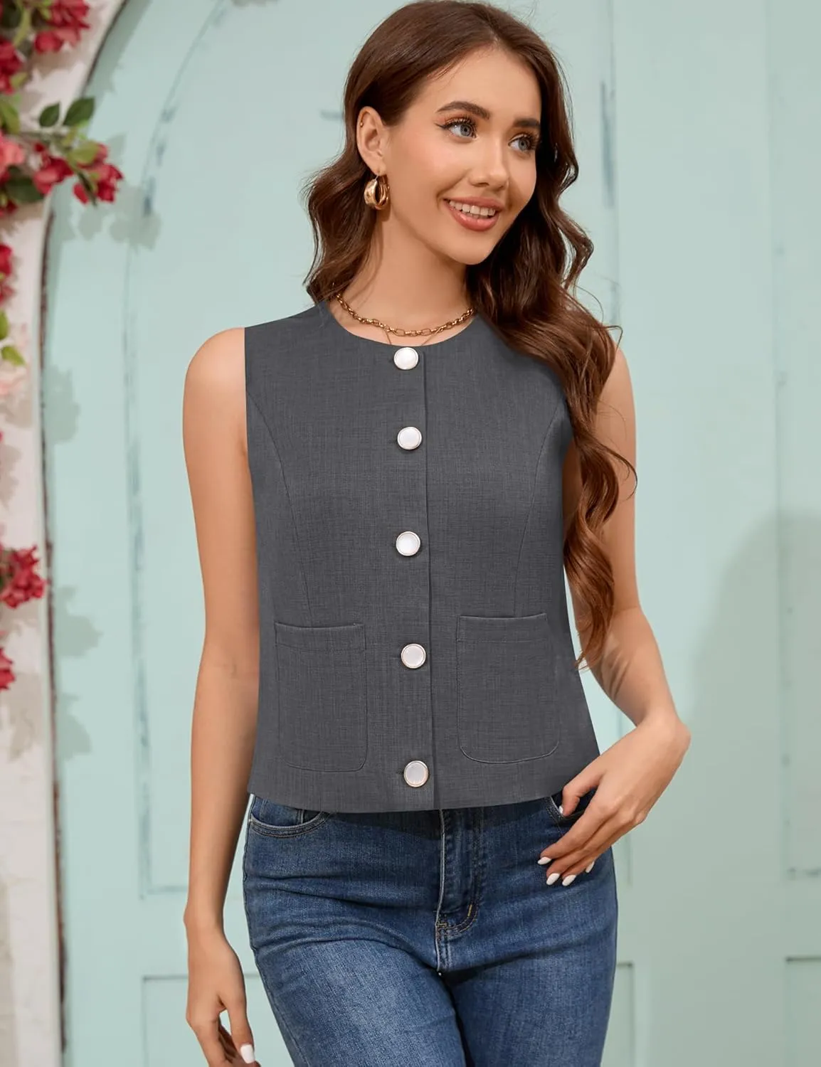 Rapbin Womens Vest Sleeveless Button Down Vest Tops Crew Neck Casual Dressy Waistcoat Business Outfits Suit Fashion