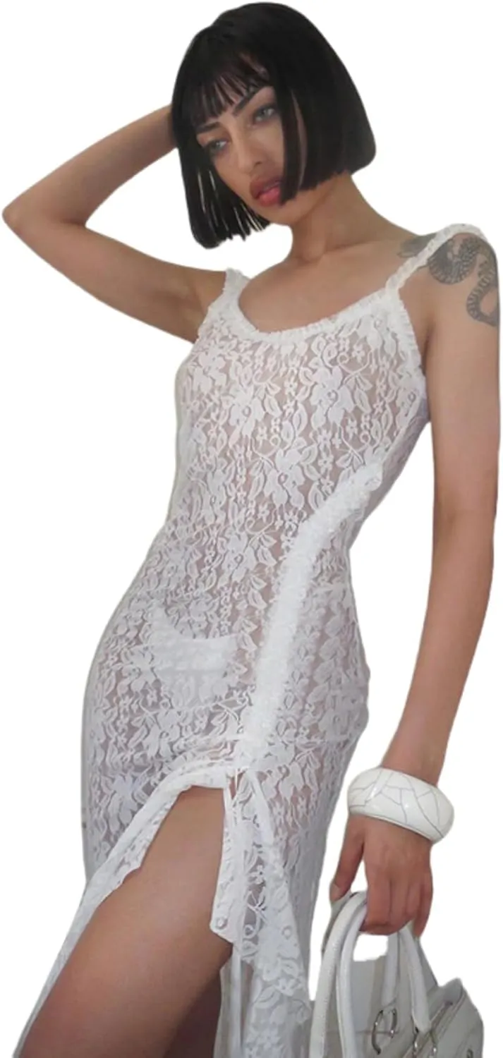 RARITYUS Women Sleeveless See Through Floral Lace Maxi Dress Sexy Backless Side Slit Dress Ruffle Flowy Beach Cover Up Dress
