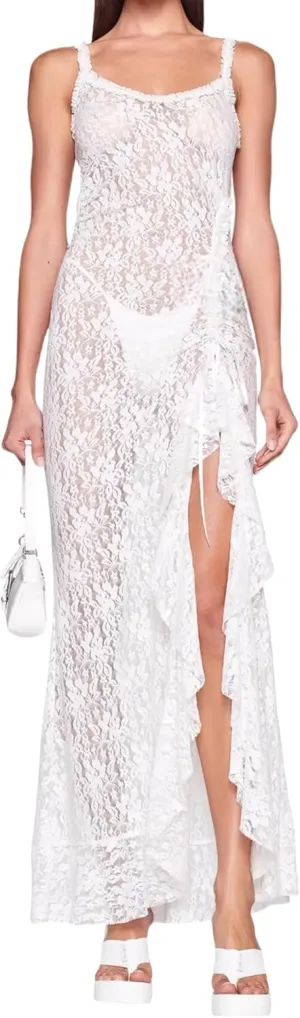 RARITYUS Women Sleeveless See Through Floral Lace Maxi Dress Sexy Backless Side Slit Dress Ruffle Flowy Beach Cover Up Dress