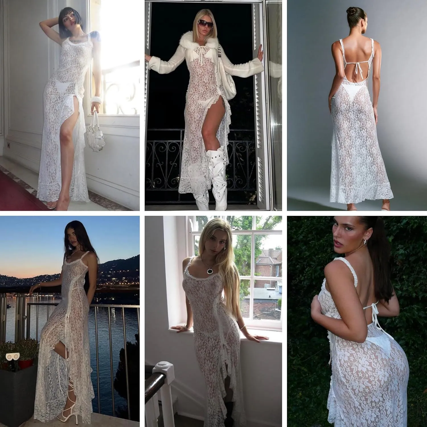 RARITYUS Women Sleeveless See Through Floral Lace Maxi Dress Sexy Backless Side Slit Dress Ruffle Flowy Beach Cover Up Dress