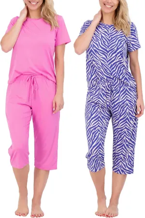 Real Essentials 2 Pack: Womens Pajamas Short Sleeve Sleepwear Tops and Capri Pants Pjs Print Pajama Sets (Available In Plus)