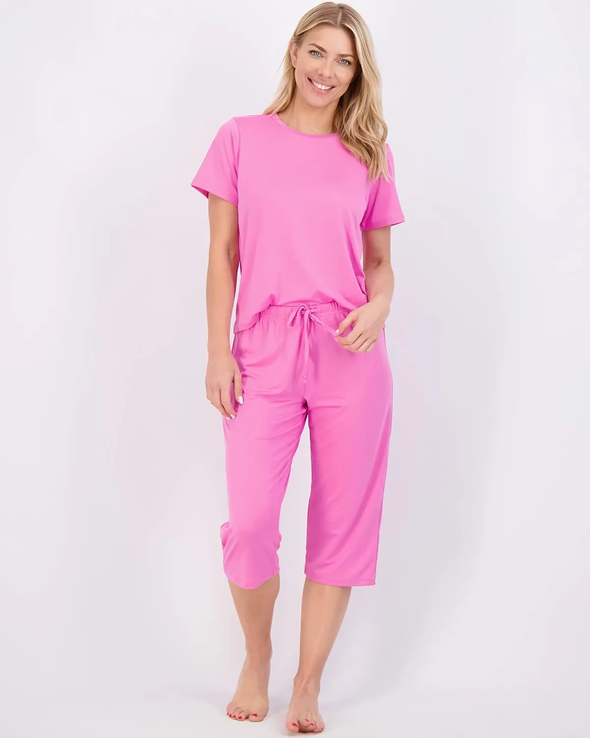 Real Essentials 2 Pack: Womens Pajamas Short Sleeve Sleepwear Tops and Capri Pants Pjs Print Pajama Sets (Available In Plus)