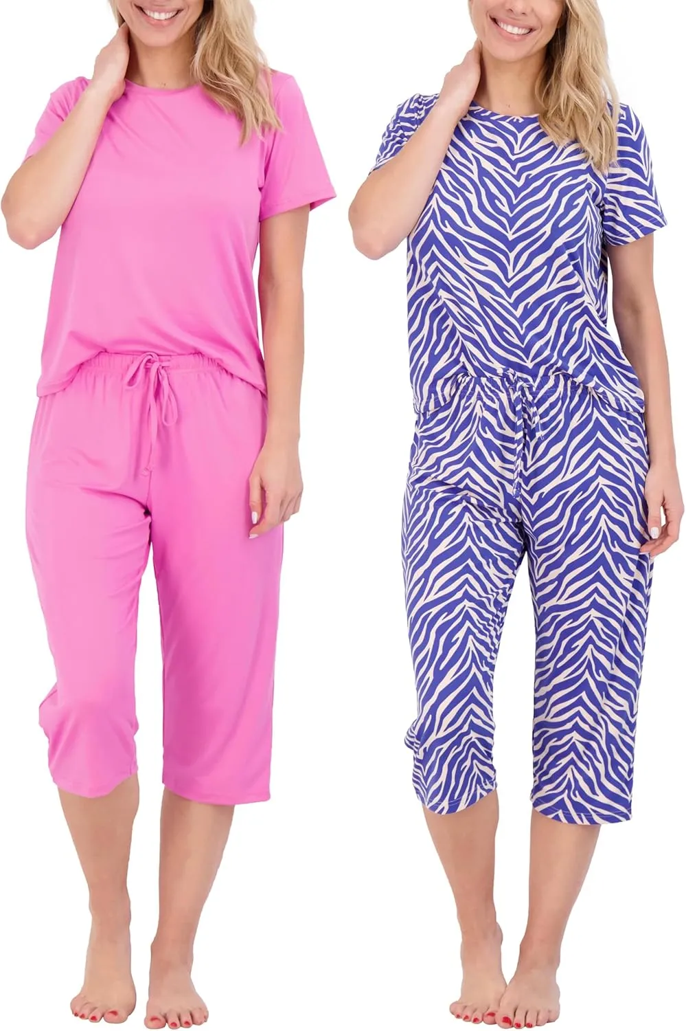 Real Essentials 2 Pack: Womens Pajamas Short Sleeve Sleepwear Tops and Capri Pants Pjs Print Pajama Sets (Available In Plus)