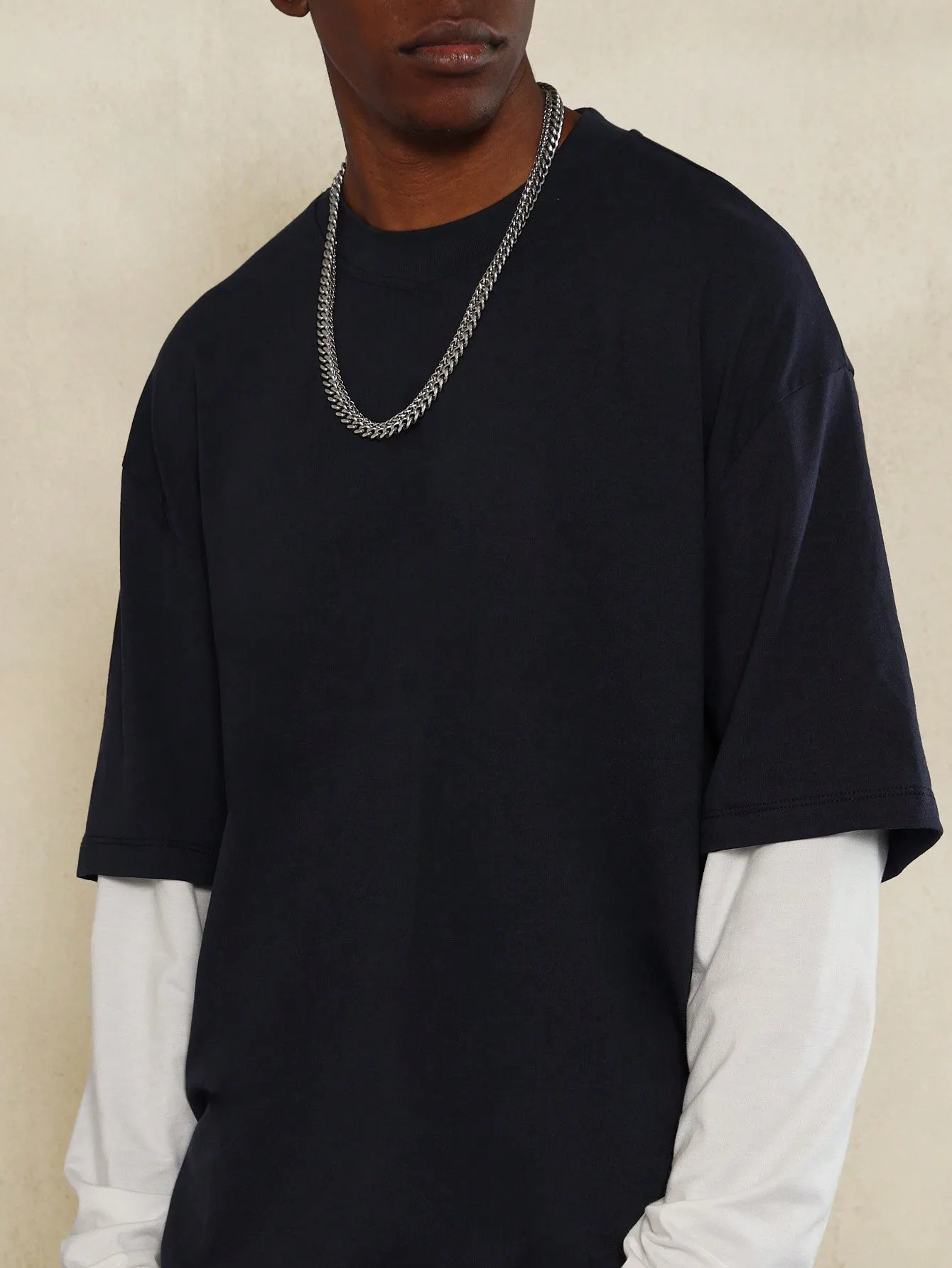 Regular Fit Double Layer Long Sleeve Tee With Contrast Sleeve