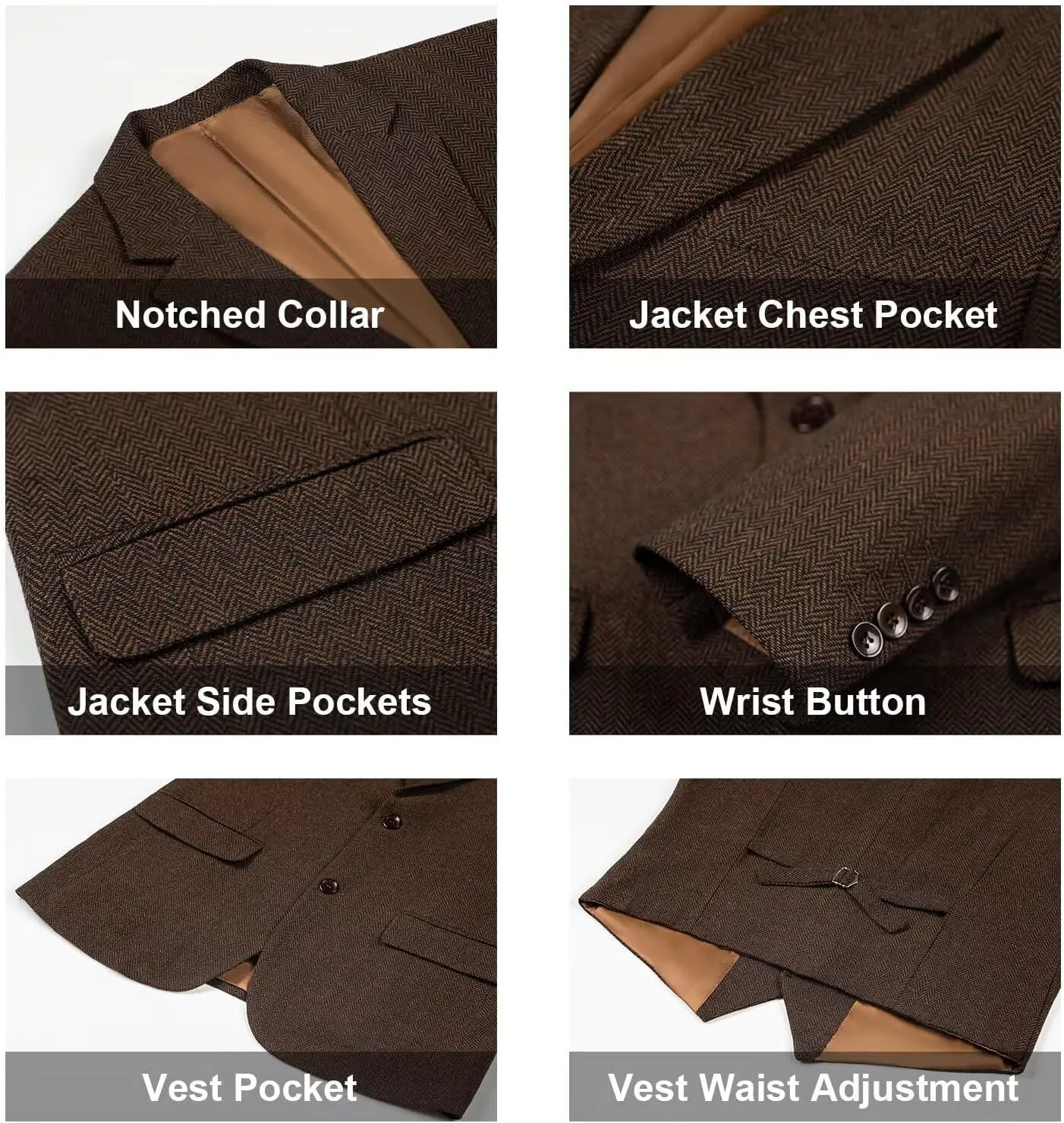 Retro 3 Piece Suit Tweed Herringbone Men's Suits Slim Fit Groom Tuxedos Set Prom Brown Grey Jacket Blazer Vest Pants