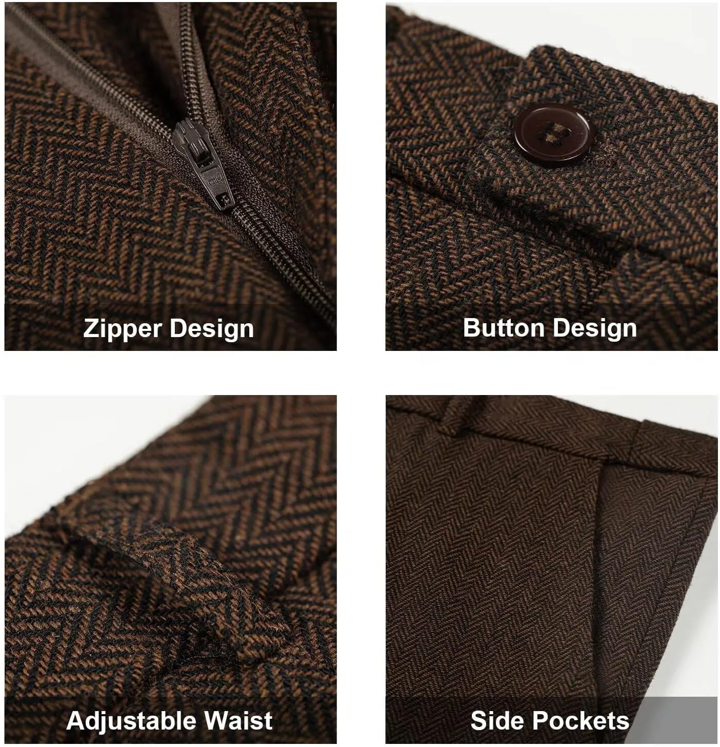 Retro 3 Piece Suit Tweed Herringbone Men's Suits Slim Fit Groom Tuxedos Set Prom Brown Grey Jacket Blazer Vest Pants