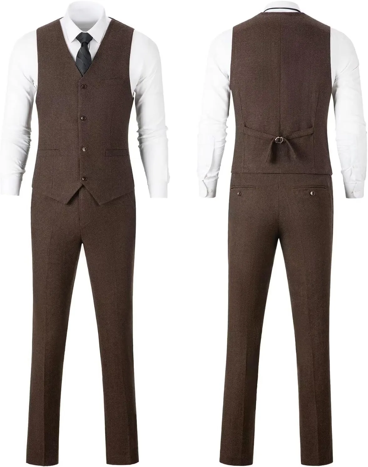 Retro 3 Piece Suit Tweed Herringbone Men's Suits Slim Fit Groom Tuxedos Set Prom Brown Grey Jacket Blazer Vest Pants