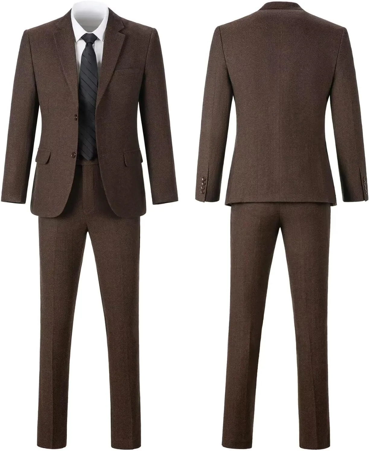 Retro 3 Piece Suit Tweed Herringbone Men's Suits Slim Fit Groom Tuxedos Set Prom Brown Grey Jacket Blazer Vest Pants