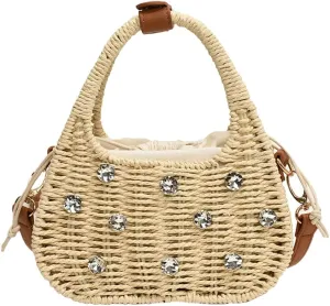 Rhinestone Handbag for Women Straw Shoulder Bag Summer Beach Vacation Woven Crossbody Bag Trendy Hobo Bag 2025
