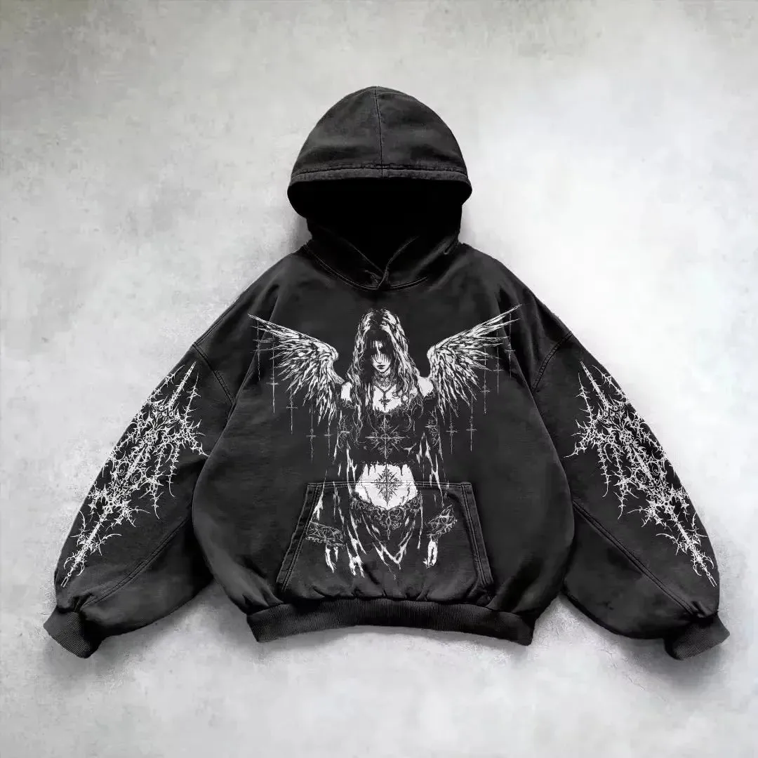 Riolio American Y2K Vintage Hoodies Gothic Pattern Zip up Hoodie Winter Womens Mens Hip Hop Long Sleeve Coats Loose Hooded Sweatshirt