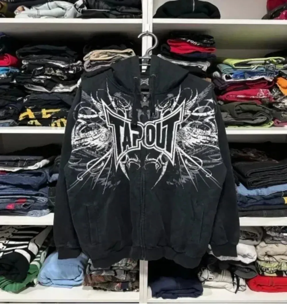 Riolio American Y2K Vintage Hoodies Gothic Pattern Zip up Hoodie Winter Womens Mens Hip Hop Long Sleeve Coats Loose Hooded Sweatshirt