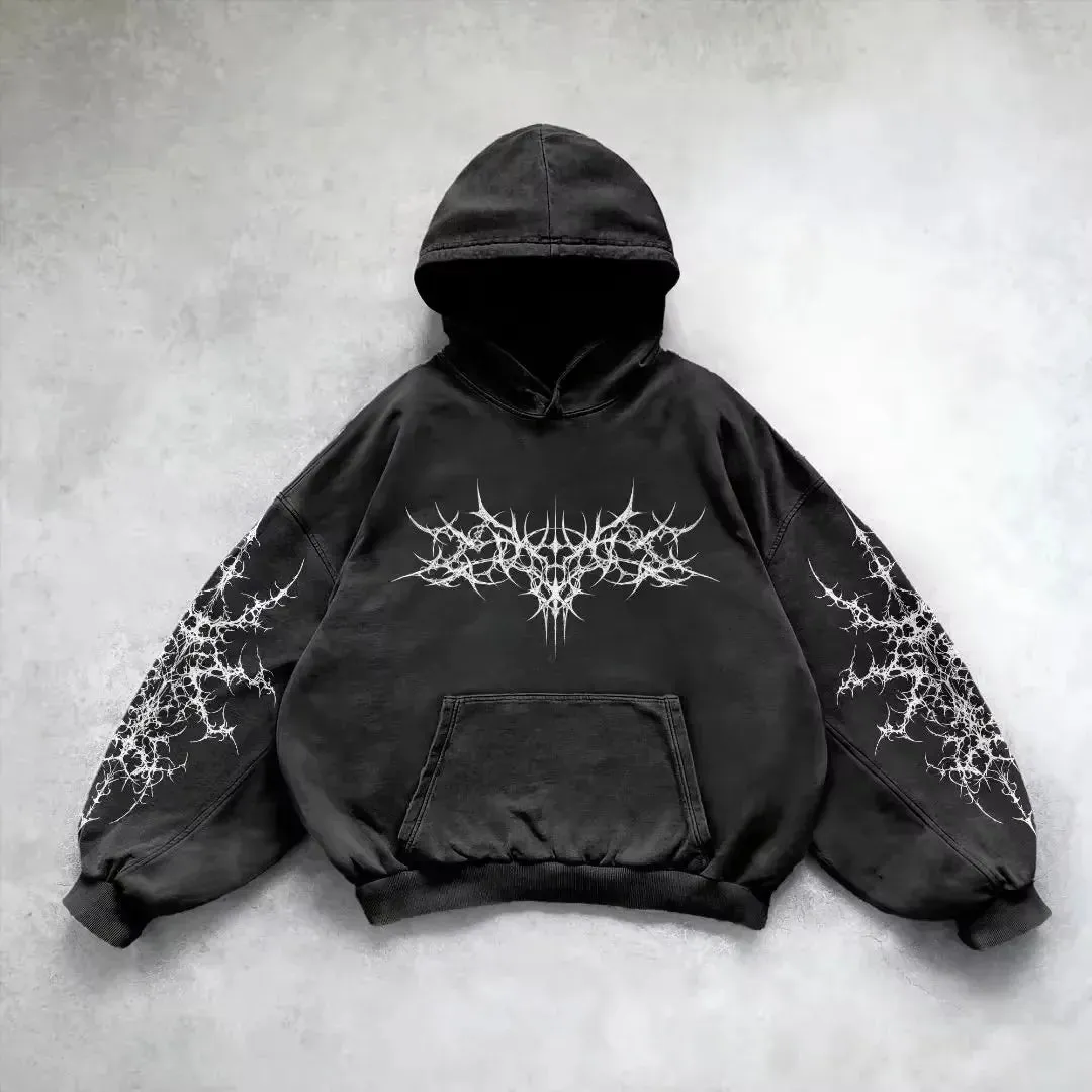 Riolio American Y2K Vintage Hoodies Gothic Pattern Zip up Hoodie Winter Womens Mens Hip Hop Long Sleeve Coats Loose Hooded Sweatshirt