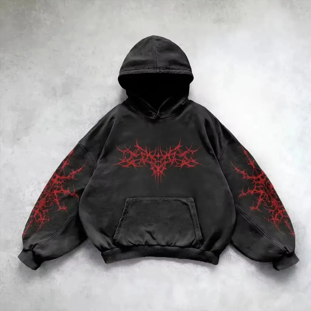 Riolio American Y2K Vintage Hoodies Gothic Pattern Zip up Hoodie Winter Womens Mens Hip Hop Long Sleeve Coats Loose Hooded Sweatshirt