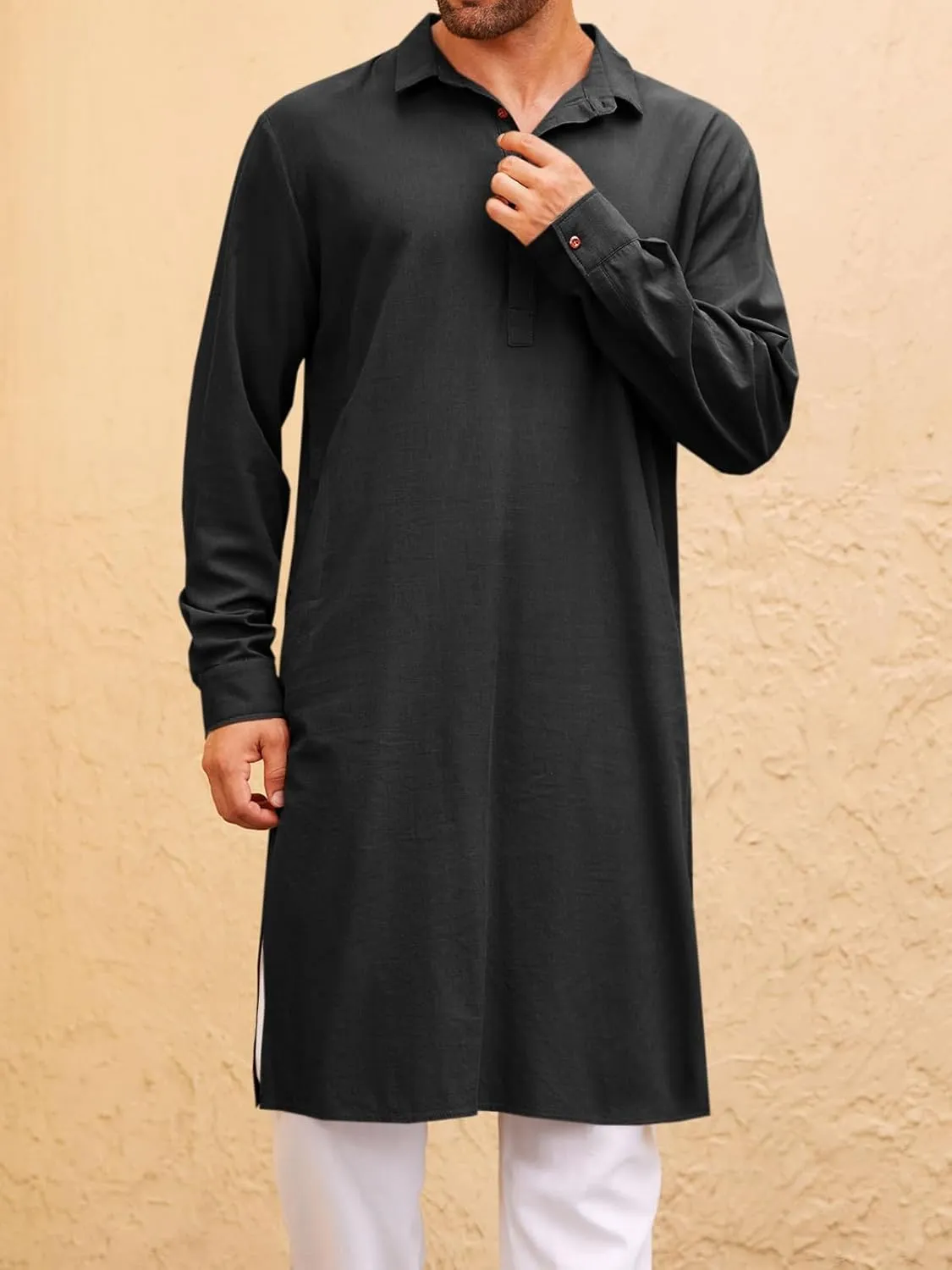Runcati Mens Kaftan Robe Thobe Button Down Long Sleeve Cotton Linen Casual Muslim Gown Polo Shirt Kurta Tops