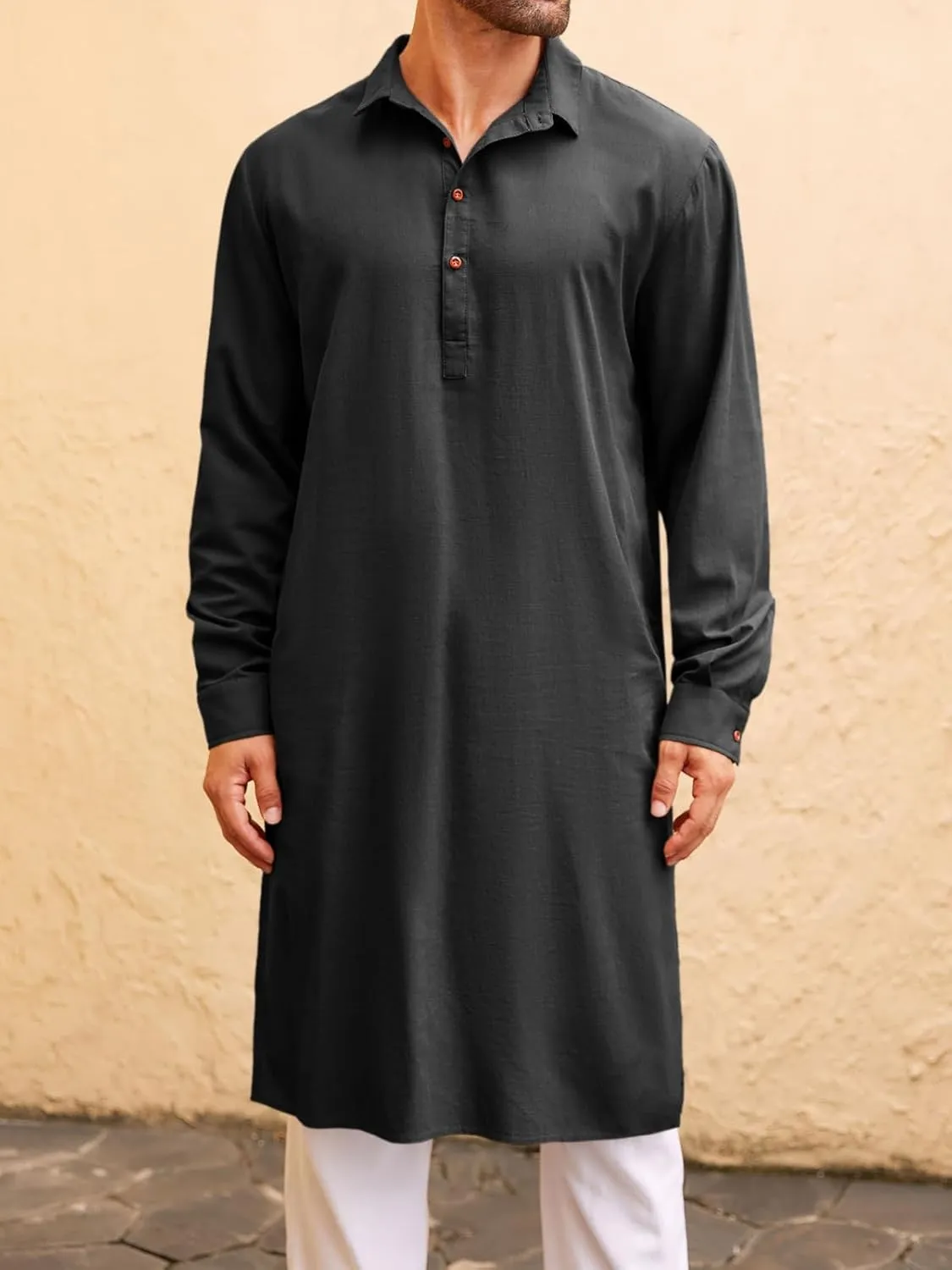 Runcati Mens Kaftan Robe Thobe Button Down Long Sleeve Cotton Linen Casual Muslim Gown Polo Shirt Kurta Tops