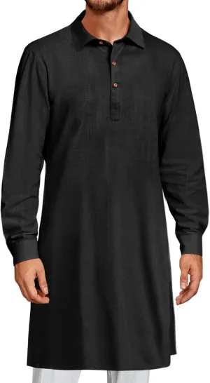 Runcati Mens Kaftan Robe Thobe Button Down Long Sleeve Cotton Linen Casual Muslim Gown Polo Shirt Kurta Tops