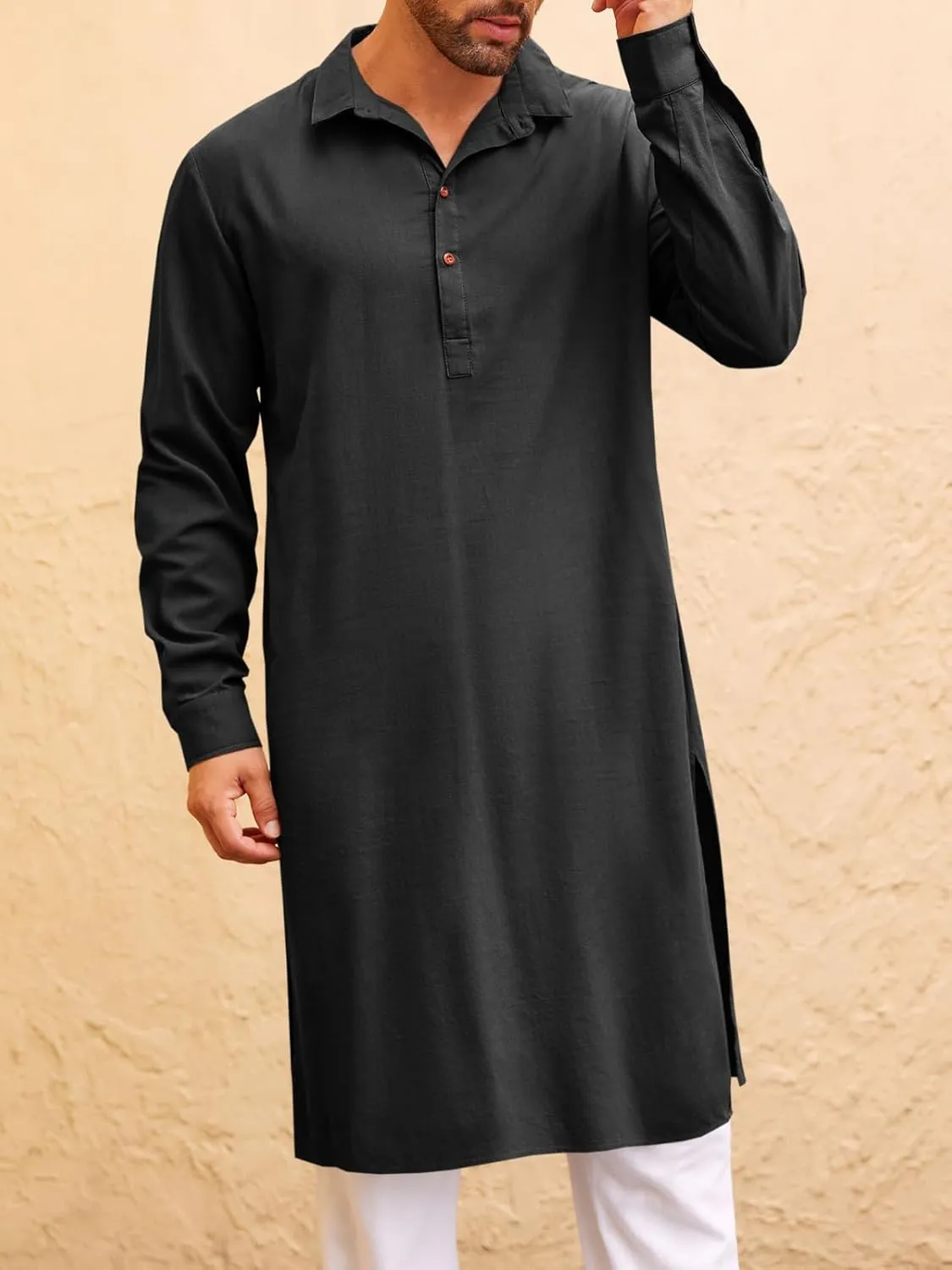 Runcati Mens Kaftan Robe Thobe Button Down Long Sleeve Cotton Linen Casual Muslim Gown Polo Shirt Kurta Tops