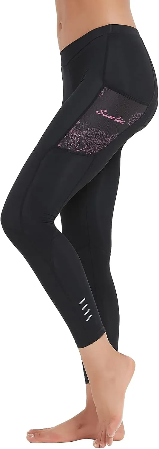 Santic Women's Bike Pants 4D Padded Cycling Tights High Waisted Bicycle Trousers with Pockets Biking Apparel UPF 50 
