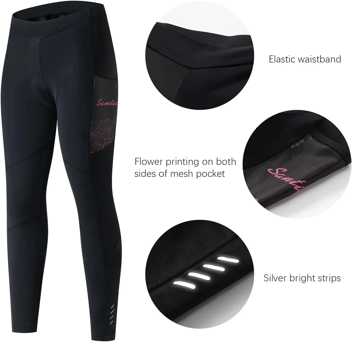 Santic Women's Bike Pants 4D Padded Cycling Tights High Waisted Bicycle Trousers with Pockets Biking Apparel UPF 50 