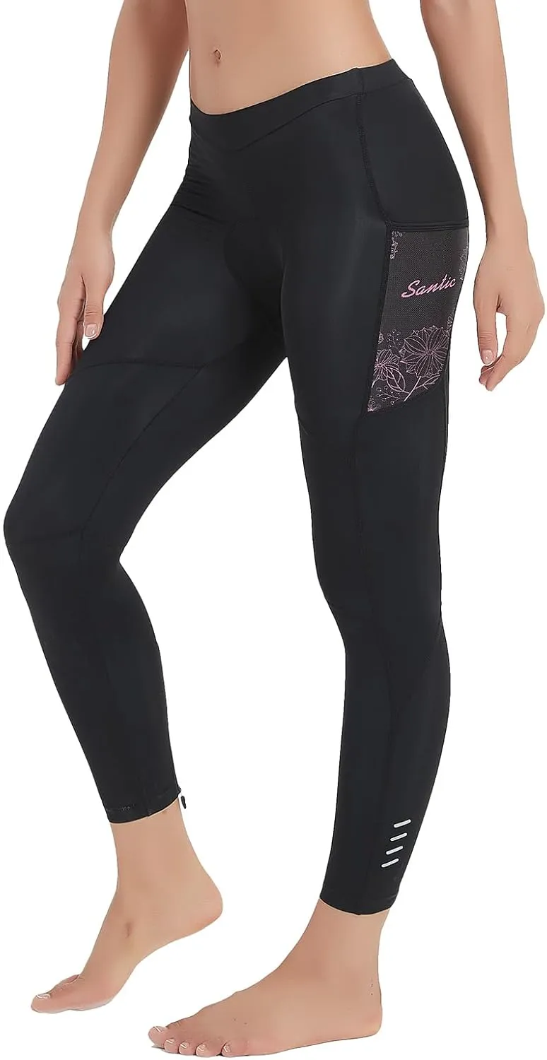 Santic Women's Bike Pants 4D Padded Cycling Tights High Waisted Bicycle Trousers with Pockets Biking Apparel UPF 50 