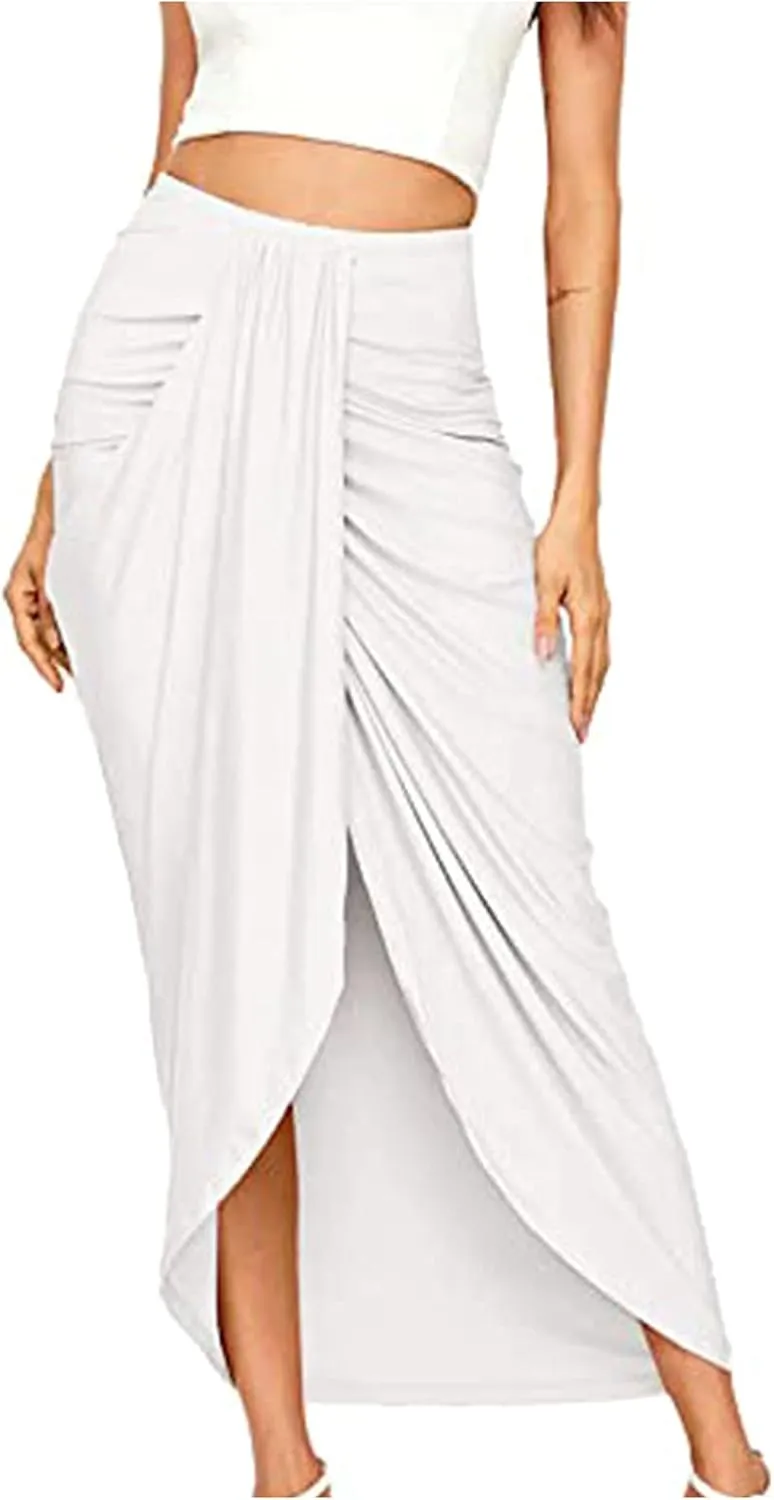 SERYU Women's Casual Slit Wrap Asymmetrical Elastic High Waist Maxi Draped Skirt