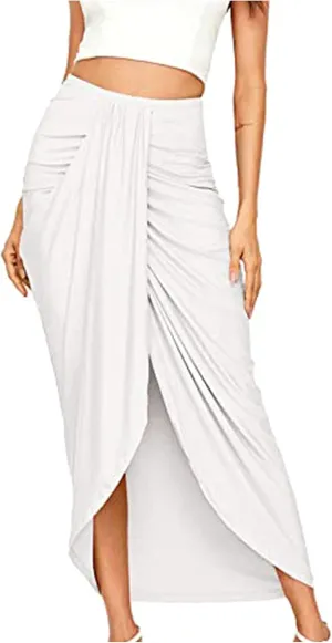 SERYU Women's Casual Slit Wrap Asymmetrical Elastic High Waist Maxi Draped Skirt