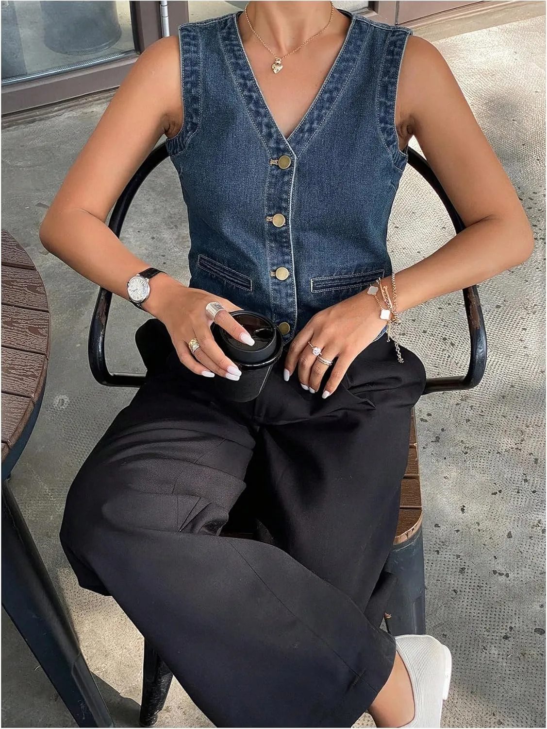 SHENHE Women's Denim Vest Button Down Sleeveless V Neck Vintage Jean Waistcoat Crop Top