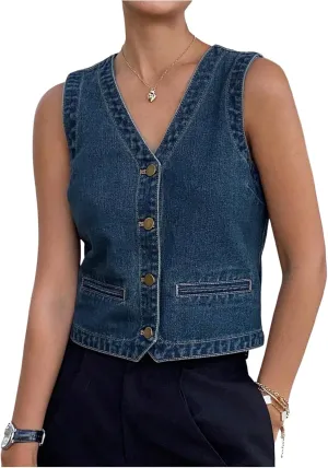 SHENHE Women's Denim Vest Button Down Sleeveless V Neck Vintage Jean Waistcoat Crop Top