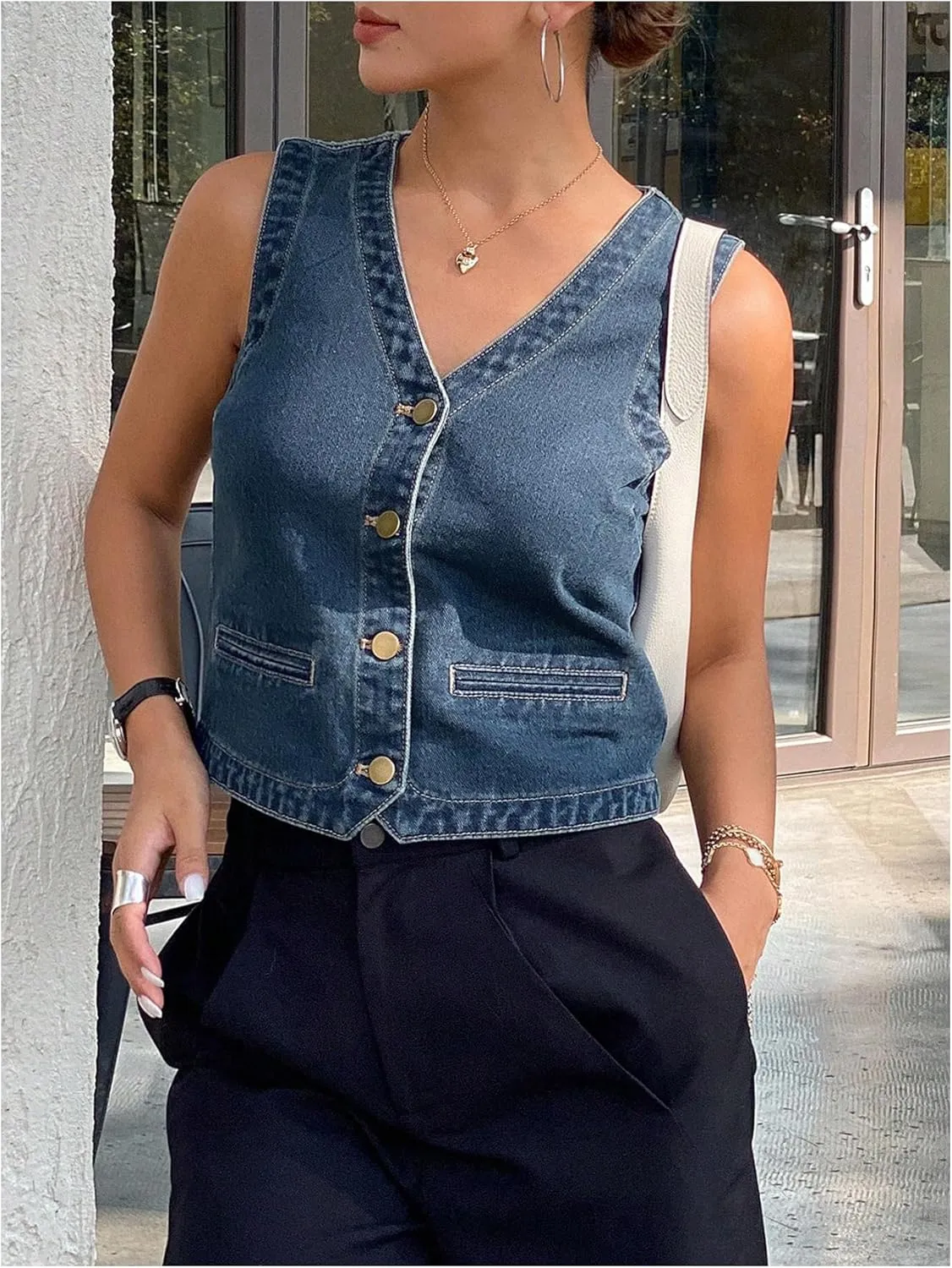 SHENHE Women's Denim Vest Button Down Sleeveless V Neck Vintage Jean Waistcoat Crop Top