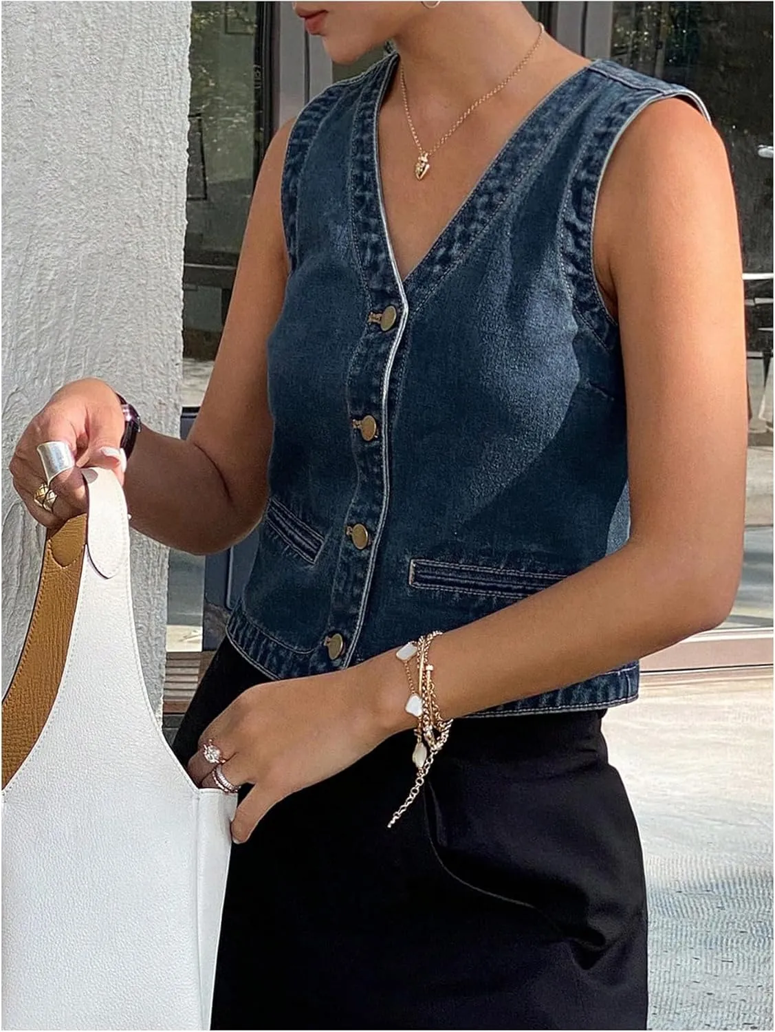 SHENHE Women's Denim Vest Button Down Sleeveless V Neck Vintage Jean Waistcoat Crop Top