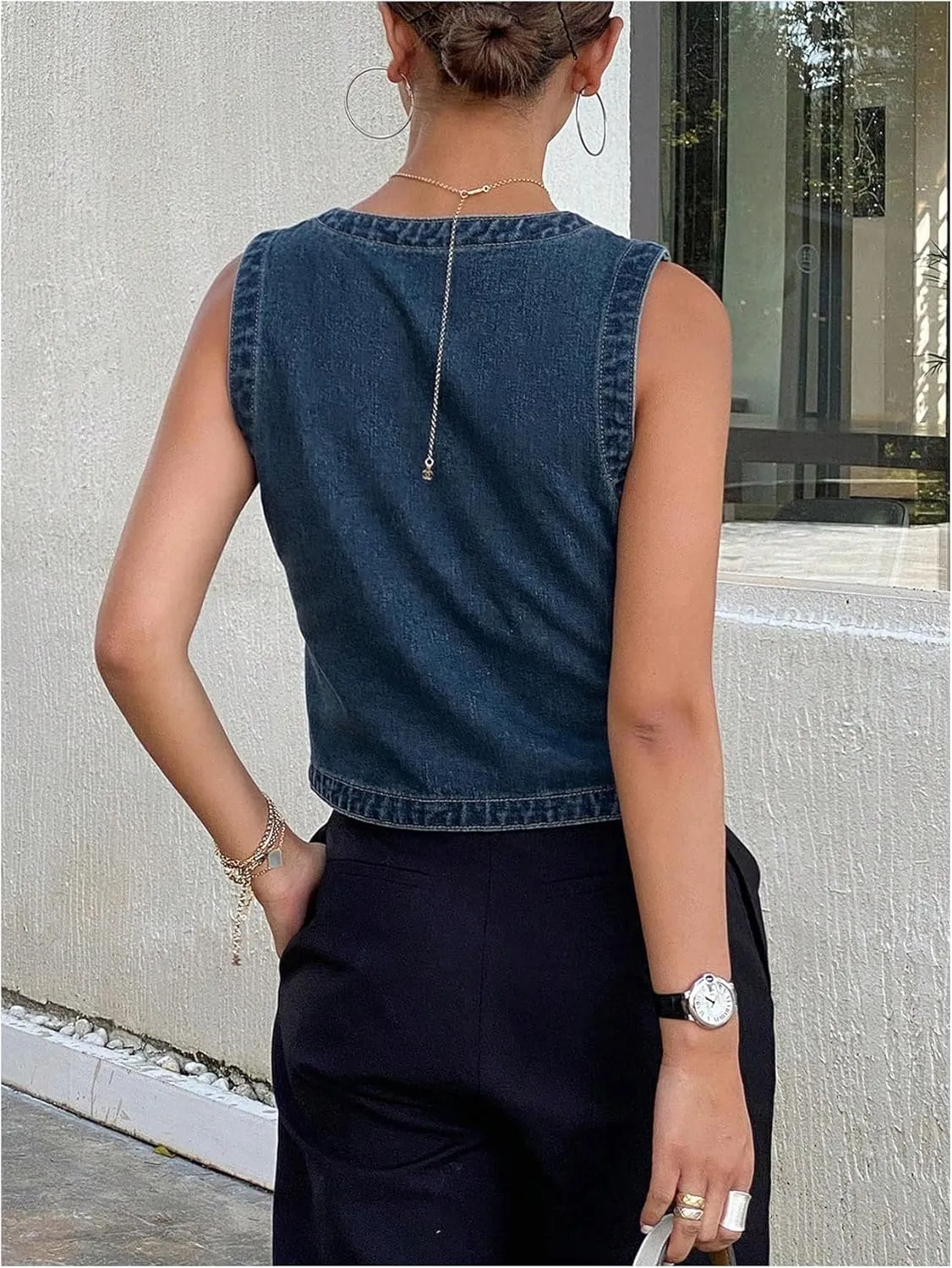 SHENHE Women's Denim Vest Button Down Sleeveless V Neck Vintage Jean Waistcoat Crop Top