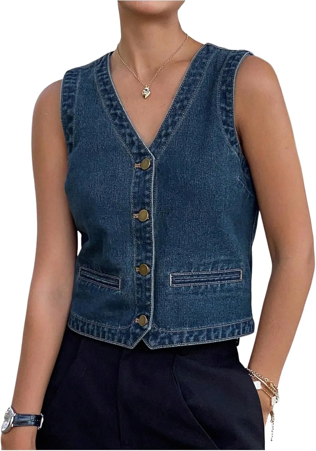 SHENHE Women's Denim Vest Button Down Sleeveless V Neck Vintage Jean Waistcoat Crop Top
