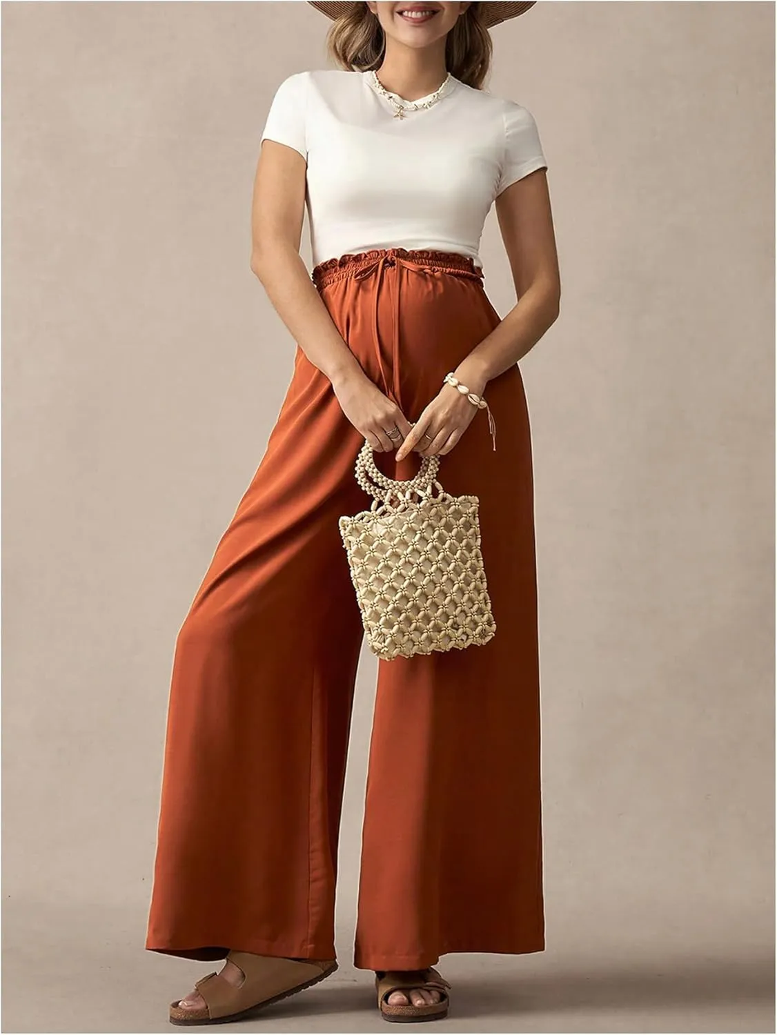 SHENHE Women's Maternity Wide Leg Elastic High Waist Flowy Palazzo Pants Pregnancy Trousers