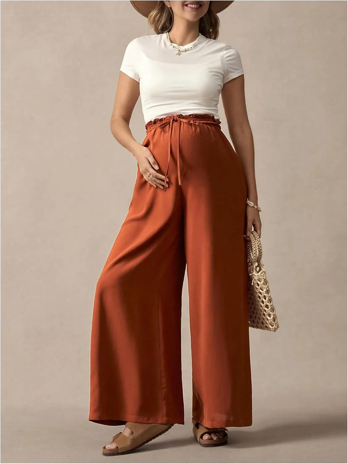 SHENHE Women's Maternity Wide Leg Elastic High Waist Flowy Palazzo Pants Pregnancy Trousers