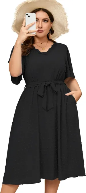 ShopWonder Plus Size Womens V Neck Short Sleeve Swiss Dot Boho Dress Empire Waist Ruffle Flowy A Line Midi Dress