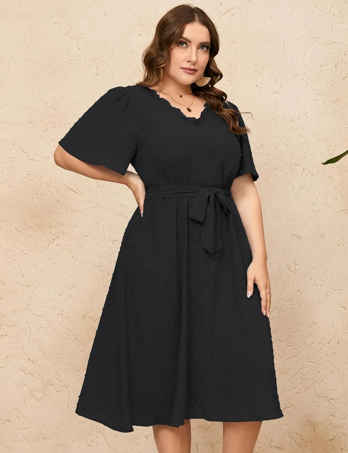 ShopWonder Plus Size Womens V Neck Short Sleeve Swiss Dot Boho Dress Empire Waist Ruffle Flowy A Line Midi Dress