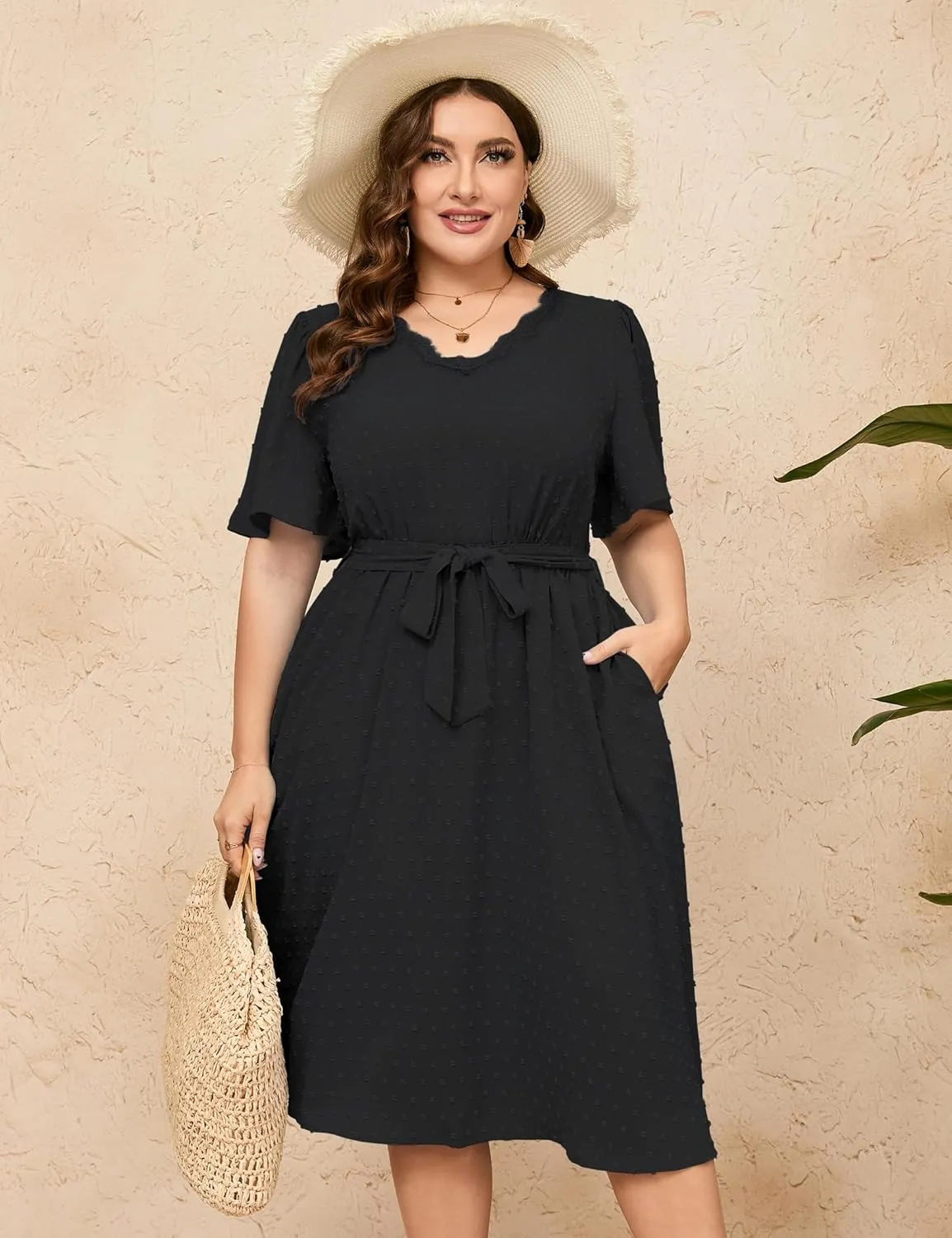 ShopWonder Plus Size Womens V Neck Short Sleeve Swiss Dot Boho Dress Empire Waist Ruffle Flowy A Line Midi Dress