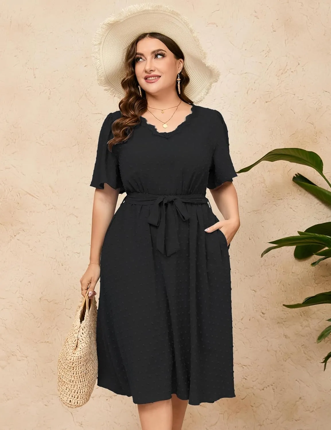 ShopWonder Plus Size Womens V Neck Short Sleeve Swiss Dot Boho Dress Empire Waist Ruffle Flowy A Line Midi Dress