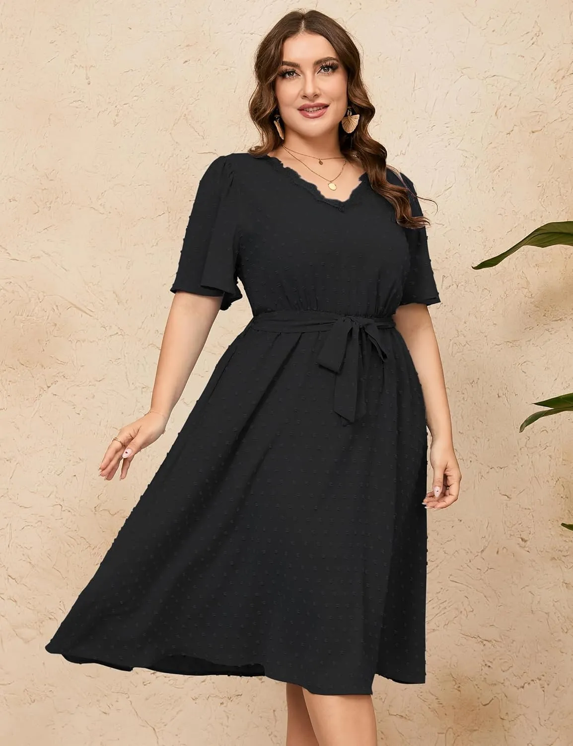 ShopWonder Plus Size Womens V Neck Short Sleeve Swiss Dot Boho Dress Empire Waist Ruffle Flowy A Line Midi Dress