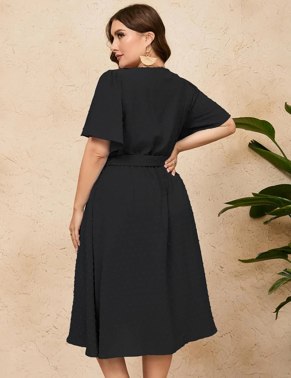 ShopWonder Plus Size Womens V Neck Short Sleeve Swiss Dot Boho Dress Empire Waist Ruffle Flowy A Line Midi Dress