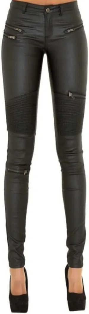SHOWADAY Women's Sexy Stretchy PU Leather Slim Fit Rider Pants Skinny Leggings