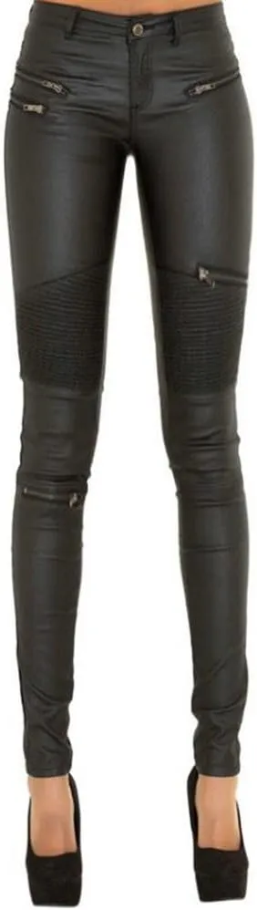 SHOWADAY Women's Sexy Stretchy PU Leather Slim Fit Rider Pants Skinny Leggings