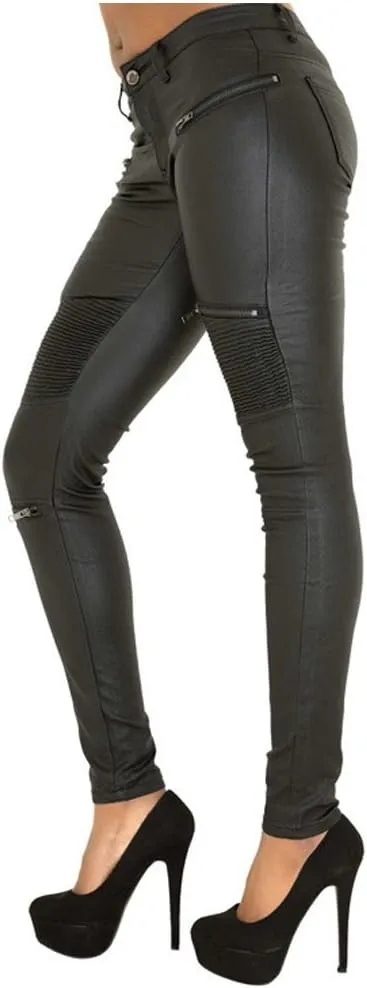 SHOWADAY Women's Sexy Stretchy PU Leather Slim Fit Rider Pants Skinny Leggings