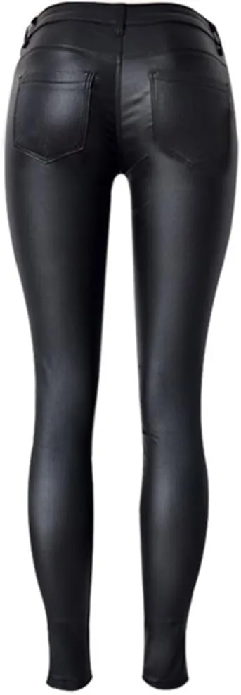 SHOWADAY Women's Sexy Stretchy PU Leather Slim Fit Rider Pants Skinny Leggings