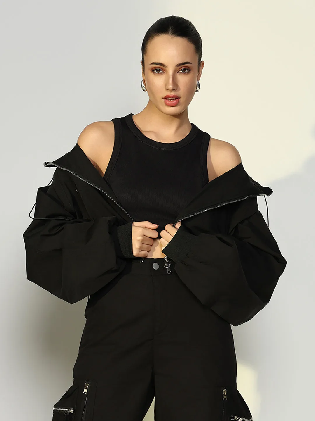 SHOWOFFFF Edition Women's Black Short Oversized Bomber Jacket with Zip Detail