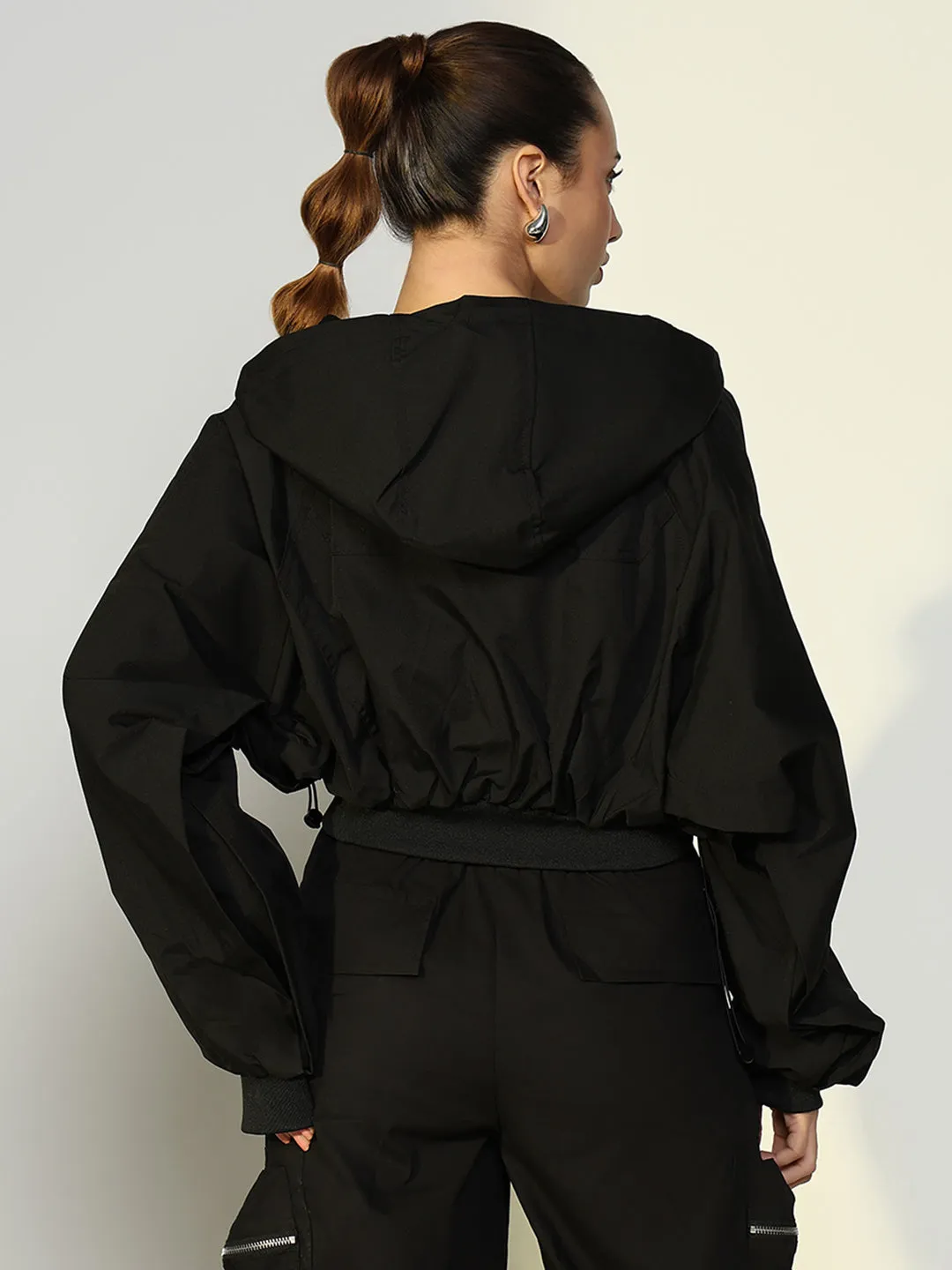 SHOWOFFFF Edition Women's Black Short Oversized Bomber Jacket with Zip Detail