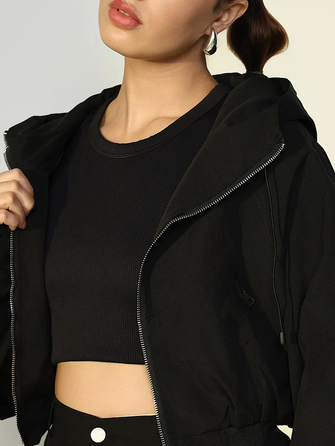 SHOWOFFFF Edition Women's Black Short Oversized Bomber Jacket with Zip Detail