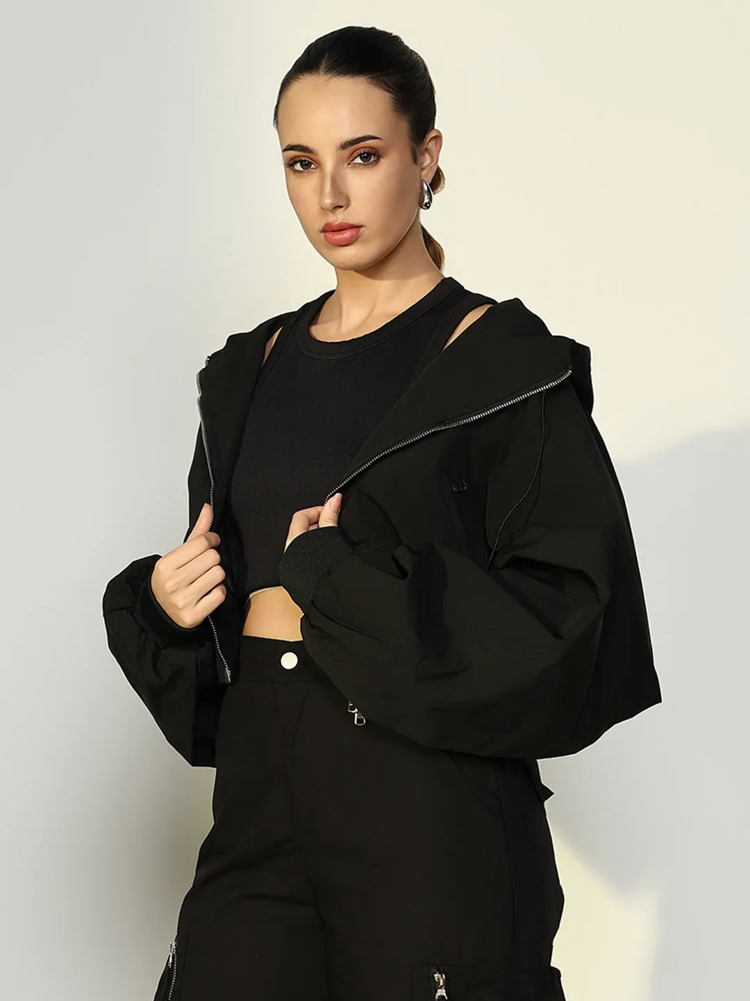 SHOWOFFFF Edition Women's Black Short Oversized Bomber Jacket with Zip Detail
