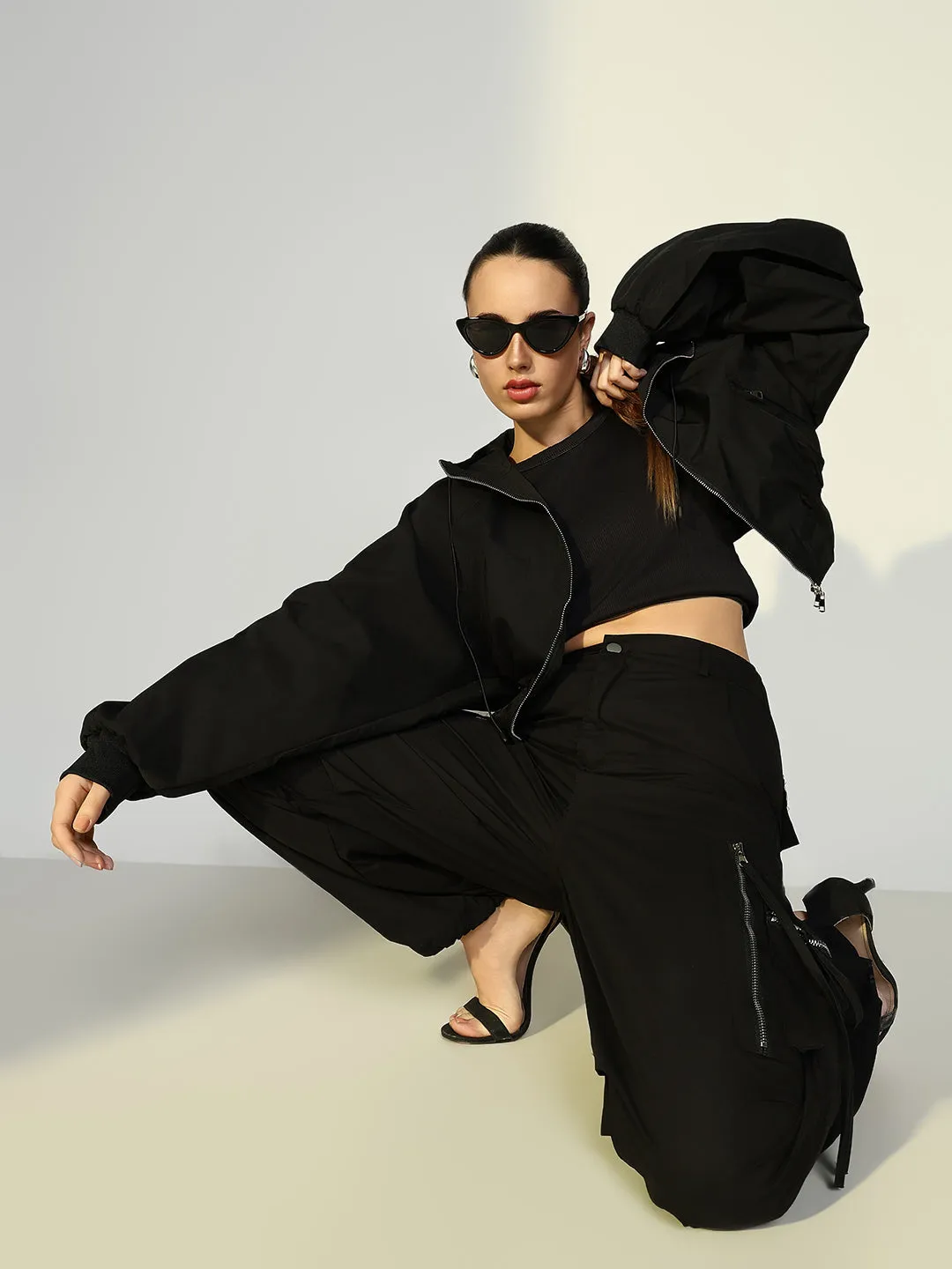 SHOWOFFFF Edition Women's Black Short Oversized Bomber Jacket with Zip Detail